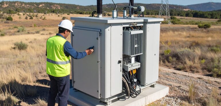 Firefly_ingeniero mirando desde abajo un transformador de poder de alta tension en un campo d 298863
