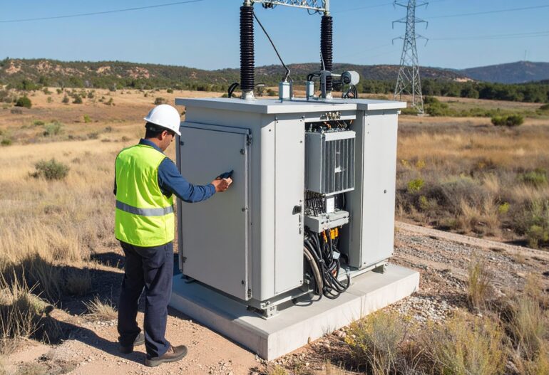 Firefly_ingeniero mirando desde abajo un transformador de poder de alta tension en un campo d 298863